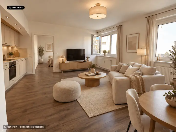 KI-bearbeitet – Wohnzimmer mit durchgehendem Holzboden