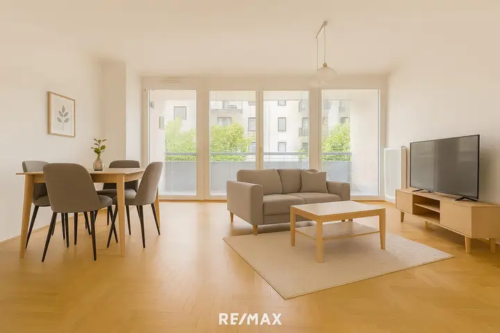 Rendering Wohnzimmer mit Blick zur Loggia