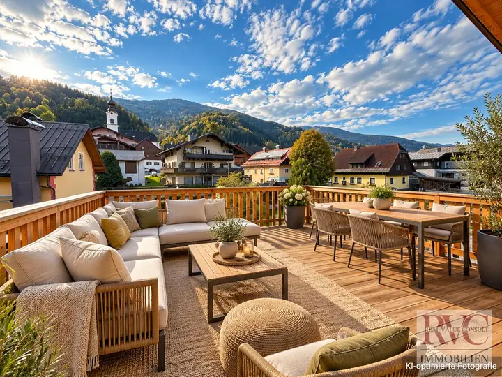 Terrasse mit Bergpanorama – KI-optimierte Fotografie