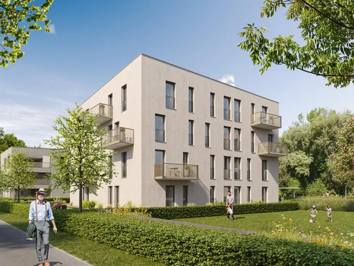 Modernes Wohnhaus mit Balkonen und Grünflächen, wo Menschen entspannen, spazieren gehen und Kinder spielen.