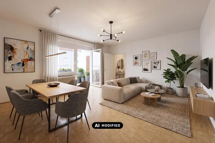 Einrichtungsvorschlag Wohnzimmer mit Essbereich mit KI erstellt
