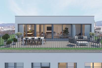 Lichtdurchflutete 3 Zimmer Penthouse Wohnung mit 35 m² Terrasse und 47 m² Garten mit herrlichem Panoramablick 