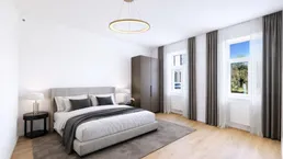Helles Schlafzimmer mit modernem Bett, Schrank und Holzboden, durch große Fenster gut belichtet.