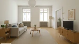 Helles Wohnzimmer mit Parkettboden, modernen Möbeln und zwei großen Fenstern.