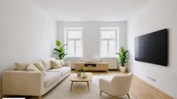 Helles Wohnzimmer mit beigem Sofa, Holzboden und zwei Fenstern, modern eingerichtet.