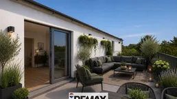 Geräumige Dachterrasse mit moderner Lounge-Möblierung, Pflanzen und Blick ins Grüne.