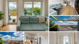 Collage aus Wohnzimmer mit Balkonzugang, Küche, Flur und Dachterrassenansichten der Immobilie.