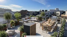 Großzügige Dachterrasse mit hochwertigen Gartenmöbeln, Außenküche und weitem Blick über die Stadt.