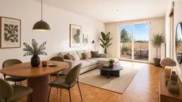 Helles Wohn- und Esszimmer mit Parkettboden und Zugang zu einer sonnigen Terrasse.
