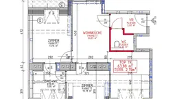 Grundriss des 2. Dachgeschosses mit Wohnküche, zwei Zimmern, Bad und Terrasse.