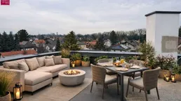Gemütliche Dachterrasse mit Lounge-Bereich, Esstisch und Feuerstelle, ideal für entspannte Abende.