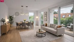 Heller, offener Wohn-Essbereich mit modernem Design, Holzboden und Zugang zu einem Balkon.