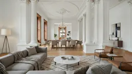 Elegantes Wohn- und Esszimmer mit hohen Decken, Stuckverzierungen und klassischen Säulen.