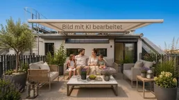 Geräumige Dachterrasse mit moderner Lounge-Möblierung, Markise und Blick über die Stadt.