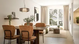 Heller, offener Wohn- und Essbereich mit modernem Design, Holzboden und Zugang zum Balkon.