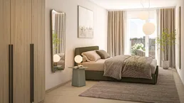 Helles Schlafzimmer mit modernem Design, Holzboden und Zugang zu einem Balkon.