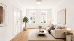 Helles, modern eingerichtetes Wohnzimmer mit Holzboden, hohen Decken und großen Fenstern.