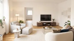 Helles Wohnzimmer mit modernem Mobiliar, Holzboden und Blick in einen weiteren Raum.