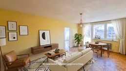 Virtuell möbliertes Wohnzimmer mit gelben Wänden, Parkettboden und Essbereich.