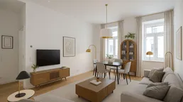 Helles, modern eingerichtetes Wohn-Esszimmer mit Holzboden und großen Fenstern.