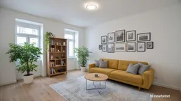 Helles Wohnzimmer mit gelbem Sofa, Holzboden und dekorativen Pflanzen, modern eingerichtet.
