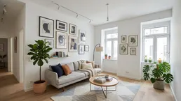 Helles Wohnzimmer mit modernem Sofa, Holzboden und einer Galerie von Kunstwerken an der Wand.
