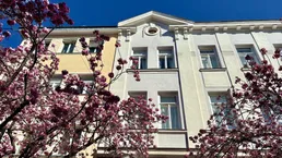 Historische Fassade eines Wohngebäudes mit dekorativen Elementen, umrahmt von blühenden Bäumen unter blauem Himmel.