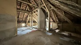 Unausgebauter Dachboden mit sichtbaren Holzbalken und Ziegeldach, bereit für den Ausbau.