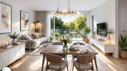 Helles, offenes Wohn-Esszimmer mit modernem Design, Holzboden und Zugang zu einem grünen Balkon.