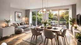 Heller, offener Wohn- und Essbereich mit modernem Design, Holzboden und Zugang zur Terrasse.