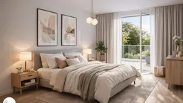 Helles Schlafzimmer mit Zugang zum Balkon, modern eingerichtet und mit Holzboden.