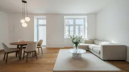 Helles, modern eingerichtetes Wohn-Esszimmer mit Holzboden, großen Fenstern und stilvoller Beleuchtung.