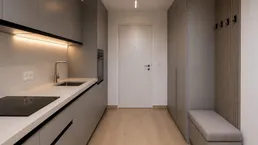 Moderne Küchenzeile mit grauen Schränken und Induktionskochfeld, kombiniert mit einem Eingangsbereich.