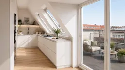 Moderne Küche mit weißen Schränken, Dachfenstern und Zugang zu einer sonnigen Terrasse.
