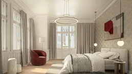 Helles Schlafzimmer mit Parkettboden, hohen Decken und stilvoller Einrichtung in einem Altbau.