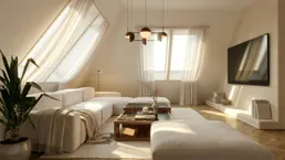 Helles Wohnzimmer im Dachgeschoss mit schrägen Fenstern, modernem Sofa und Holzboden.