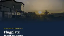 Gebäude eines Restaurants mit Terrasse bei Sonnenuntergang, umgeben von ländlicher Landschaft und weitem Blick.