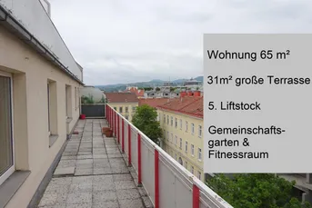 Helle Wohnung mit 31m² Terrasse im fünften Liftstock, großem grünen Gemeinschaftsgarten &amp; Fitnessraum