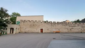 Alte Stadtmauer mit Zinnen und Holztür, umgeben von einem gepflasterten Platz.
