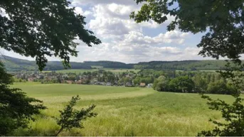 Weitläufige Landschaft mit einem Dorf, grünen Feldern und Wäldern unter bewölktem Himmel.