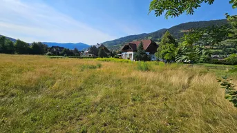 Weitläufiges Feld mit Blick auf traditionelle Häuser und die umliegende Berglandschaft unter blauem Himmel.