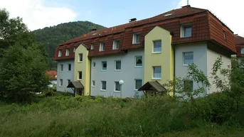 Mehrfamilienhaus mit Mansarddach, hellgrauer Fassade und gelben Akzenten, umgeben von grüner Natur und Hügeln.