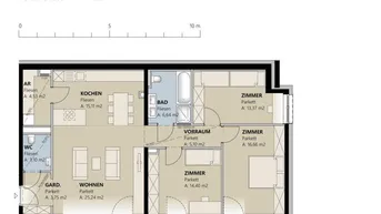 Grundriss einer Wohnung im 6. Obergeschoss mit drei Zimmern, Balkon und offenem Wohn- und Kochbereich.