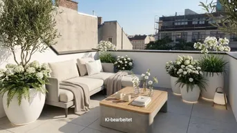 Moderne Dachterrasse mit bequemen Loungemöbeln, vielen Pflanzen und Stadtblick.