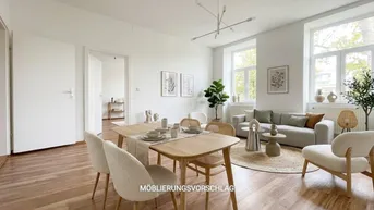 Heller, offener Wohn- und Essbereich mit modernem Design, Holzboden und großen Fenstern.