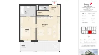 Grundriss einer Wohnung mit einem Schlafzimmer, offener Wohnküche, Bad, separatem WC und großem Balkon.