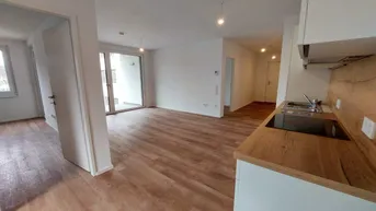 Heller offener Wohnbereich mit integrierter Küchenzeile, Vinylboden und Zugang zum Balkon.