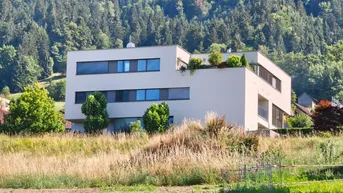 Modernes Gebäude mit Flachdach und großen Fenstern, eingebettet in eine grüne Landschaft mit Wald im Hintergrund.