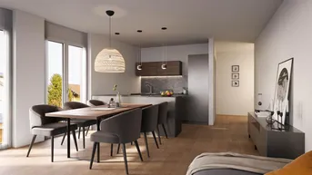 Moderne offene Wohnküche mit Essbereich, Holzboden und großen Fenstern.