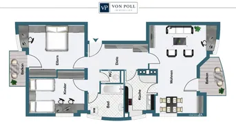 Grundriss einer Wohnung mit mehreren Zimmern, Küche, Bad und zwei Balkonen.